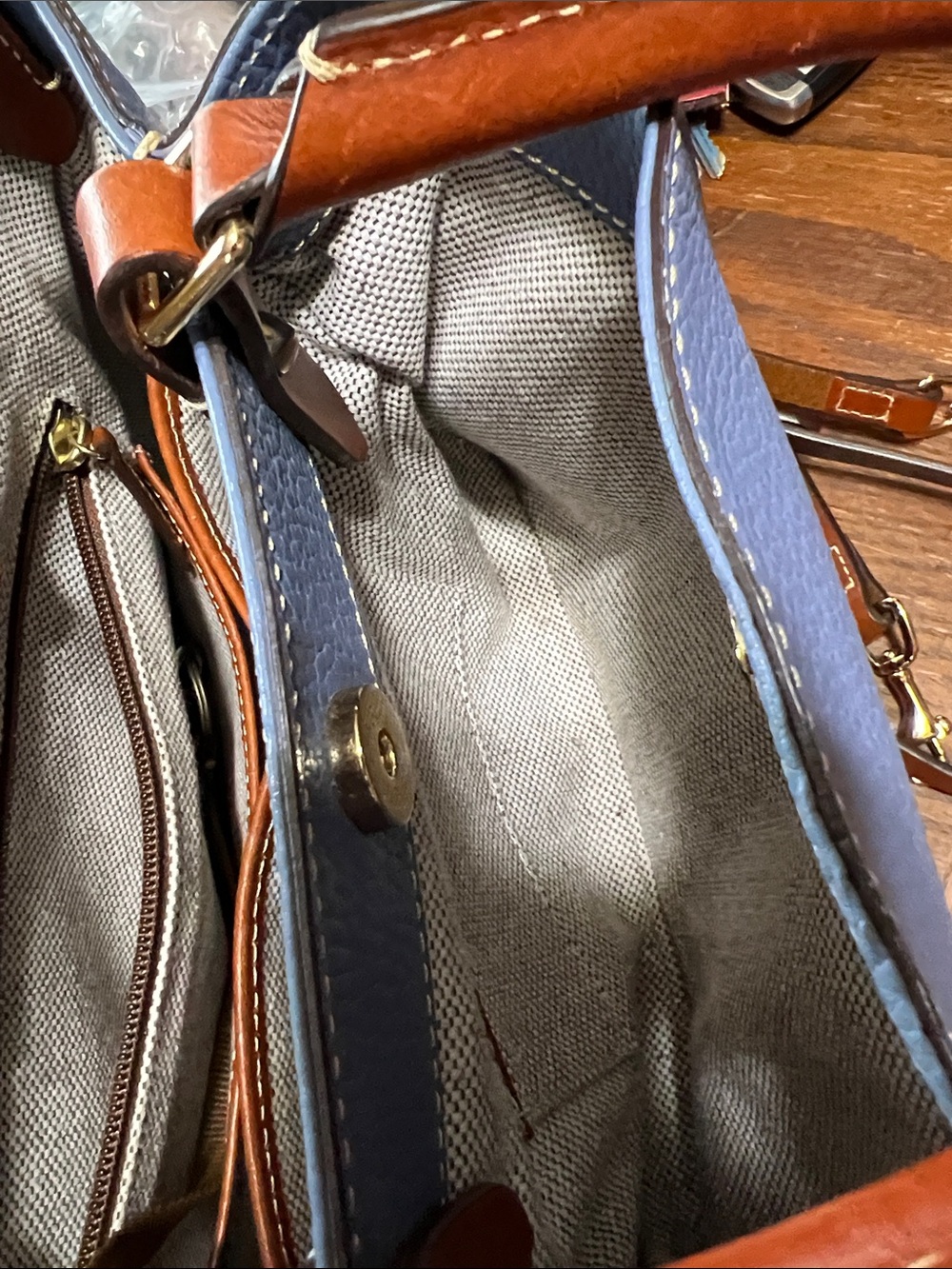 Dooney & Bourke Blue Pebbled Leather Satchel with Brown Trim - Picture 10 of 12